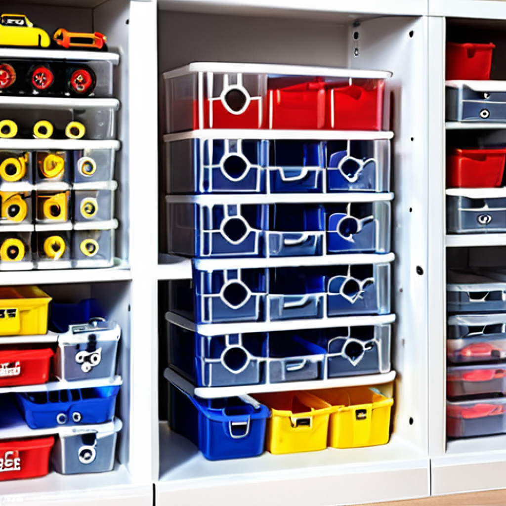 A brightly lit modern living space, showing neatly stacked transparent polypropylene modular storage bins filled with various Mini 4WD race track sections (straight, curved, elevated). The bins are organized to maximize space, with an emphasis on clarity and accessibility, suggesting efficient and protected storage.