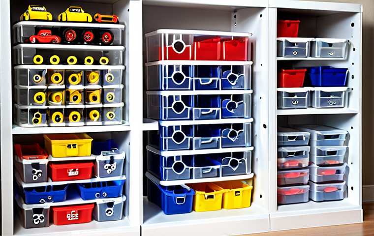 A brightly lit modern living space, showing neatly stacked transparent polypropylene modular storage bins filled with various Mini 4WD race track sections (straight, curved, elevated). The bins are organized to maximize space, with an emphasis on clarity and accessibility, suggesting efficient and protected storage.