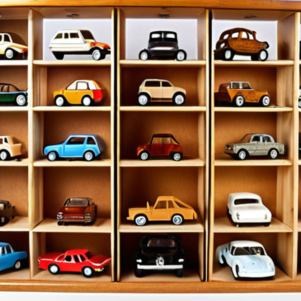 **

A DIY miniature car display case, made of plywood, showcasing a collection of diverse diecast cars. Focus on the warm wood tones and the cars themselves. Consider adding small workshop elements, like wood scraps or tools, to create a realistic setting.

**