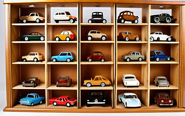 **

A DIY miniature car display case, made of plywood, showcasing a collection of diverse diecast cars. Focus on the warm wood tones and the cars themselves. Consider adding small workshop elements, like wood scraps or tools, to create a realistic setting.

**