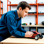 A professional hobbyist, fully clothed in a modest work shirt and trousers, meticulously inspecting a miniature RC car on a clean, well-lit workbench. Tools are neatly organized around the vehicle, and the background shows shelves of RC parts. The scene emphasizes precision and care, with perfect anatomy, correct proportions, and a natural pose. The image should convey a sense of calm and focused expertise. Safe for work, appropriate content, professional photography, high quality, well-formed hands, proper finger count, natural body proportions.