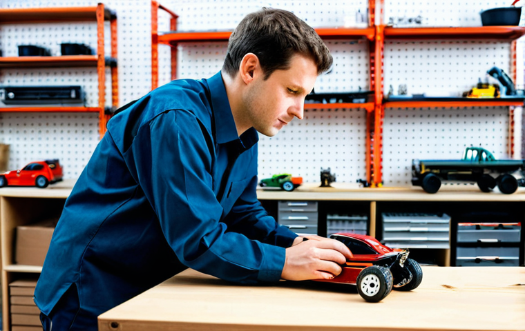 A professional hobbyist, fully clothed in a modest work shirt and trousers, meticulously inspecting a miniature RC car on a clean, well-lit workbench. Tools are neatly organized around the vehicle, and the background shows shelves of RC parts. The scene emphasizes precision and care, with perfect anatomy, correct proportions, and a natural pose. The image should convey a sense of calm and focused expertise. Safe for work, appropriate content, professional photography, high quality, well-formed hands, proper finger count, natural body proportions.