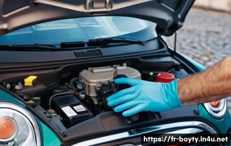 미니카 유지관리 주의사항 - A close-up scene of a mechanic&rsquo;s hands checking the oil and coolant fluid levels in the engine compa...