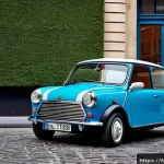 Home 20 미니카 성능 비교 테스트 - A compact urban mini car parked neatly in a narrow Parisian street lined with classic Haussmann-styl...