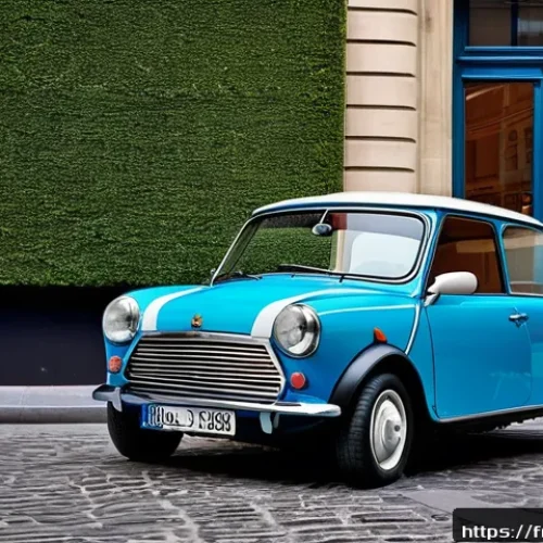 Home 32 미니카 성능 비교 테스트 - A compact urban mini car parked neatly in a narrow Parisian street lined with classic Haussmann-styl...