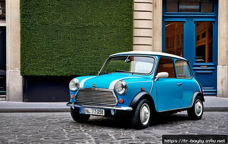 미니카 성능 비교 테스트 - A compact urban mini car parked neatly in a narrow Parisian street lined with classic Haussmann-styl...