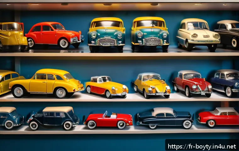 미니카 중고 거래 팁 - A detailed, high-resolution image of a vintage die-cast miniature car collection displayed inside a ...