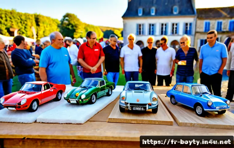 미니카 페스티벌 참석 후기 - Photorealistic French miniature car festival in a sunny village square, diverse adult visitors admir...