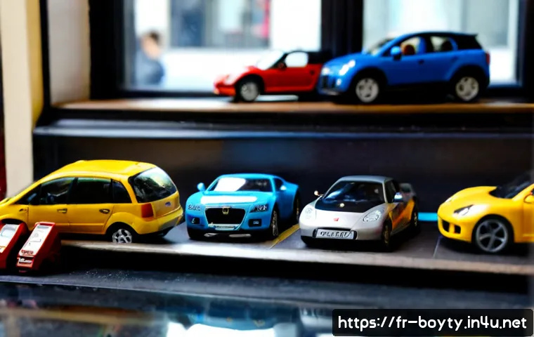 Home 15 미니카 판매량 통계 - Photorealistic French toy shop sales analysis scene, a neatly arranged tabletop display of colorful ...