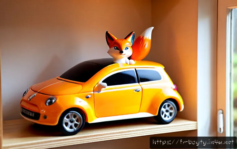 Home 15 미니카 인기 캐릭터 디자인 - Photorealistic studio product scene of a collectible miniature race car with a cheerful stylized fox...