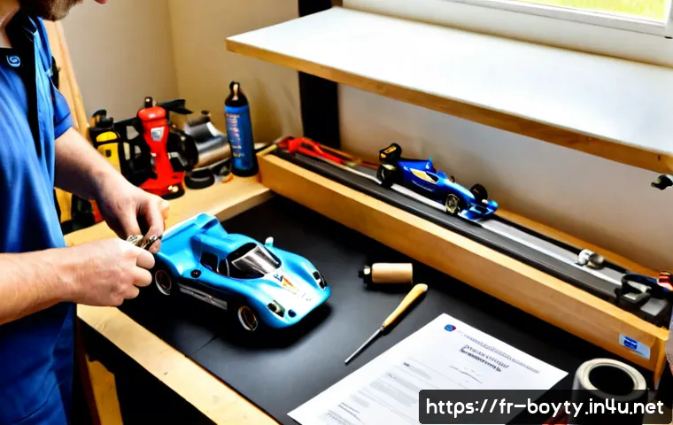Home 15 미니카 관련 자격증 정보 - Photorealistic French vocational workshop scene, an adult hobbyist carefully assembling a detailed m...